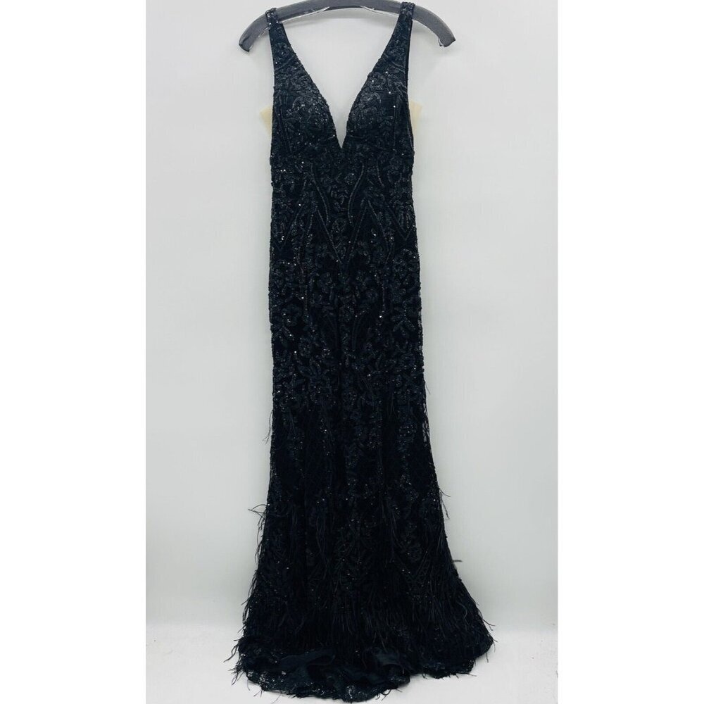 Sherri Hill Womens Size 0 Prom Sequin Column Dress Ostrich Feathers 52649 $698